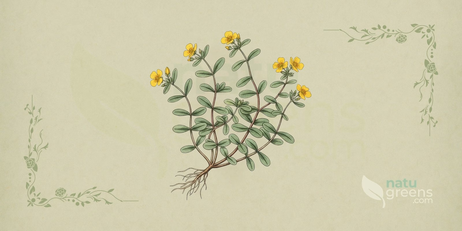 Postelein (Portulaca oleracea) in een botanische illustratie met sappige, roodachtige stengels, vlezige omgekeerd eironde bladeren en kleine gele bloemen met vijf kroonbladen, typische kenmerken van postelein.