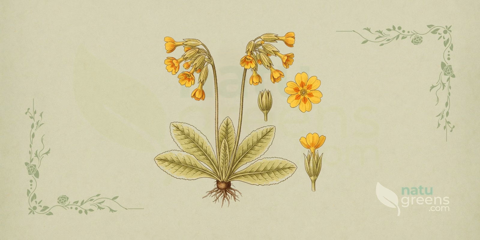 Prímula (Primula veris) en ilustración botánica: roseta basal de hojas ovaladas y rugosas y tallo con una umbela de flores amarillas tubulares, típicas de la prímula.