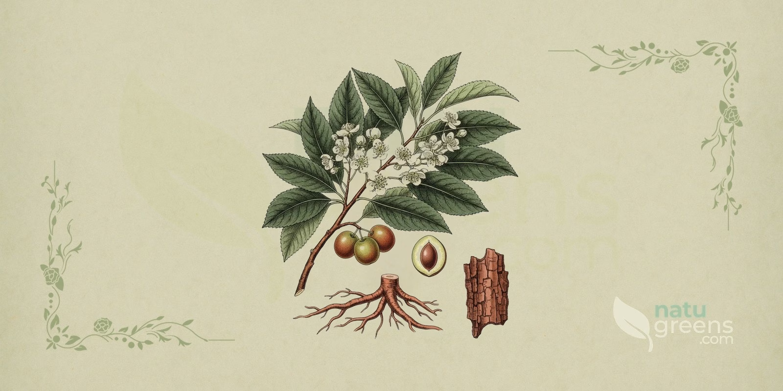 African Cherry (Prunus africana) in a botanical illustration, with a branch of elongated glossy leaves, clusters of small greenish-white flowers and reddish drupes of the African cherry.