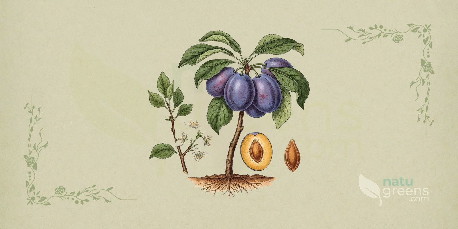 Blomme (Prunus domestica): botanisk illustration af en gren med blade, blomster og frugter fra blommetræet, et løvfældende frugttræ i rosenfamilien (Rosaceae).