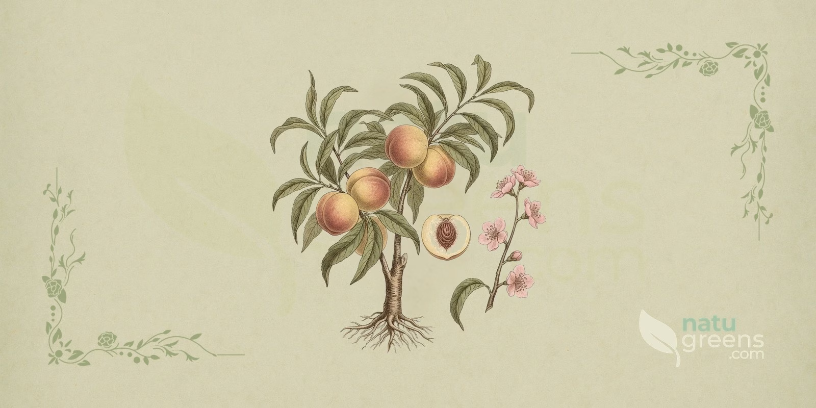 Perzik (Prunus persica) in een botanische illustratie van de perzikboom, met de perzik met fluweelachtige schil in gele en rode tinten, langwerpige bladeren met gezaagde rand en roze bloemen.