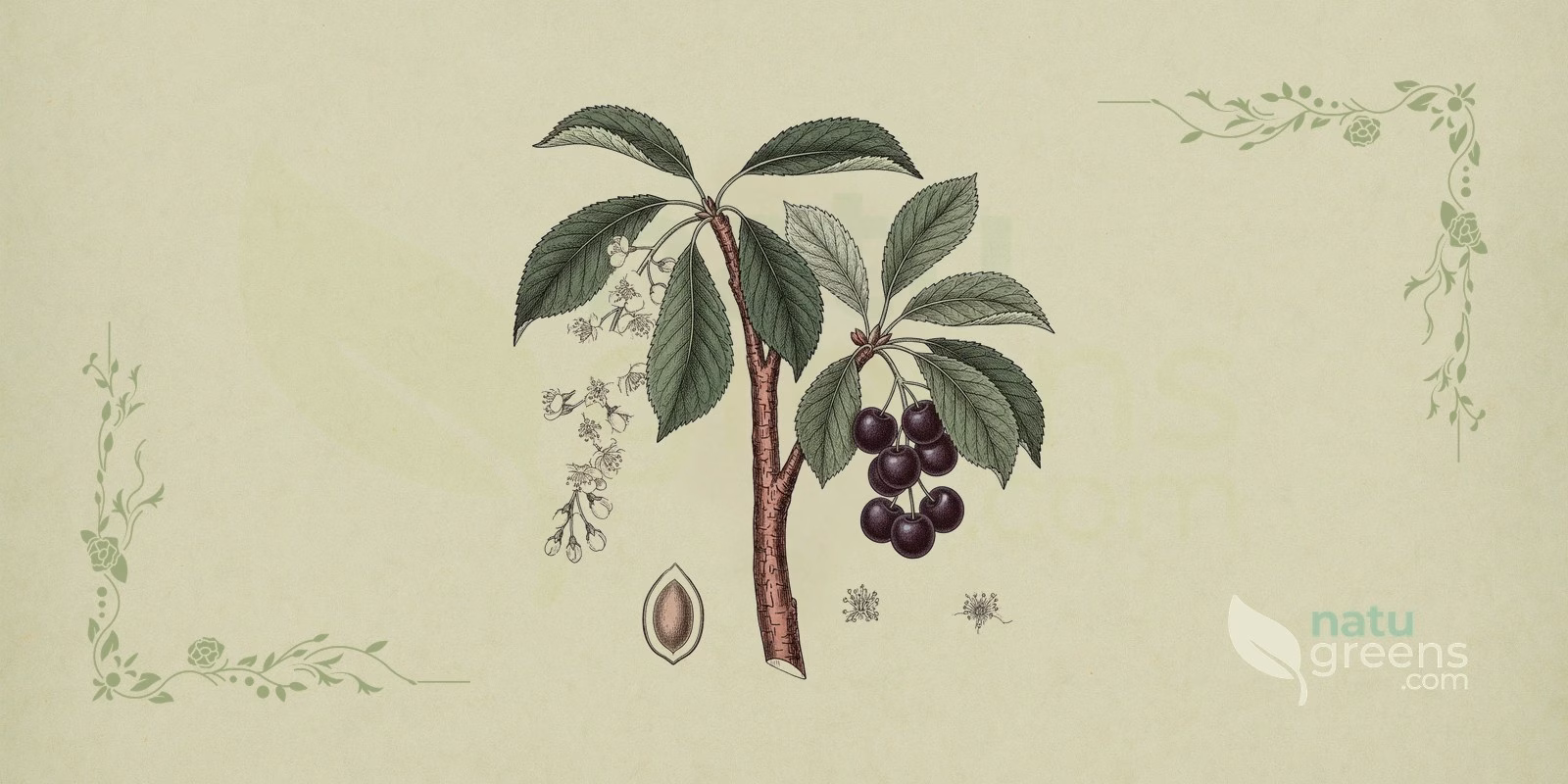 Black Cherry (Prunus serotina) in a 19th-century-style botanical illustration: black cherry branch with clusters of reddish-black fruits, dark green lanceolate leaves and rough bark on a sage-green background
