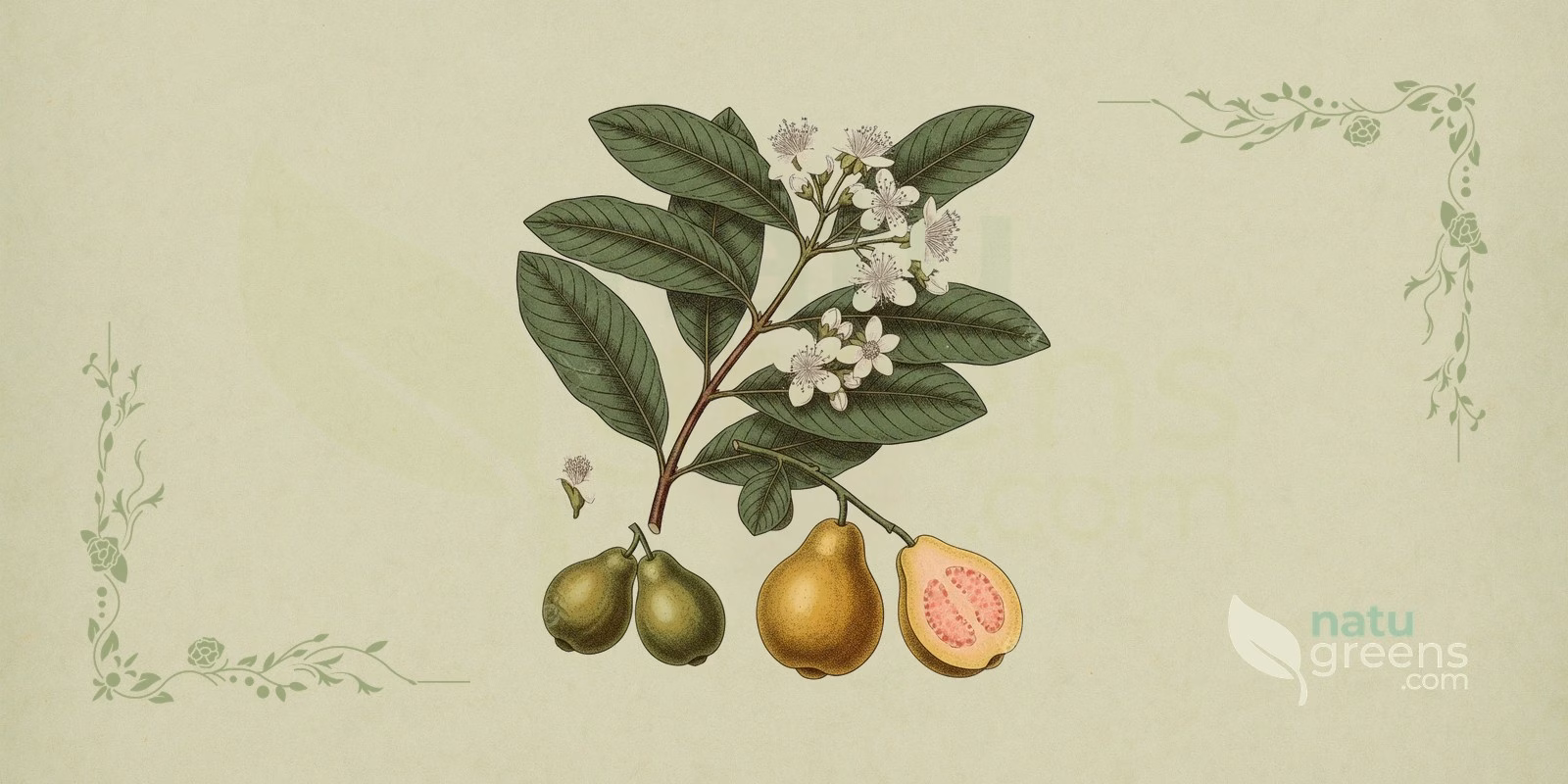 Guava (Psidium guajava): botanical illustration with opposite oval leaves, white flower, and rounded fruit of the guava tree, a plant in the Myrtaceae family.