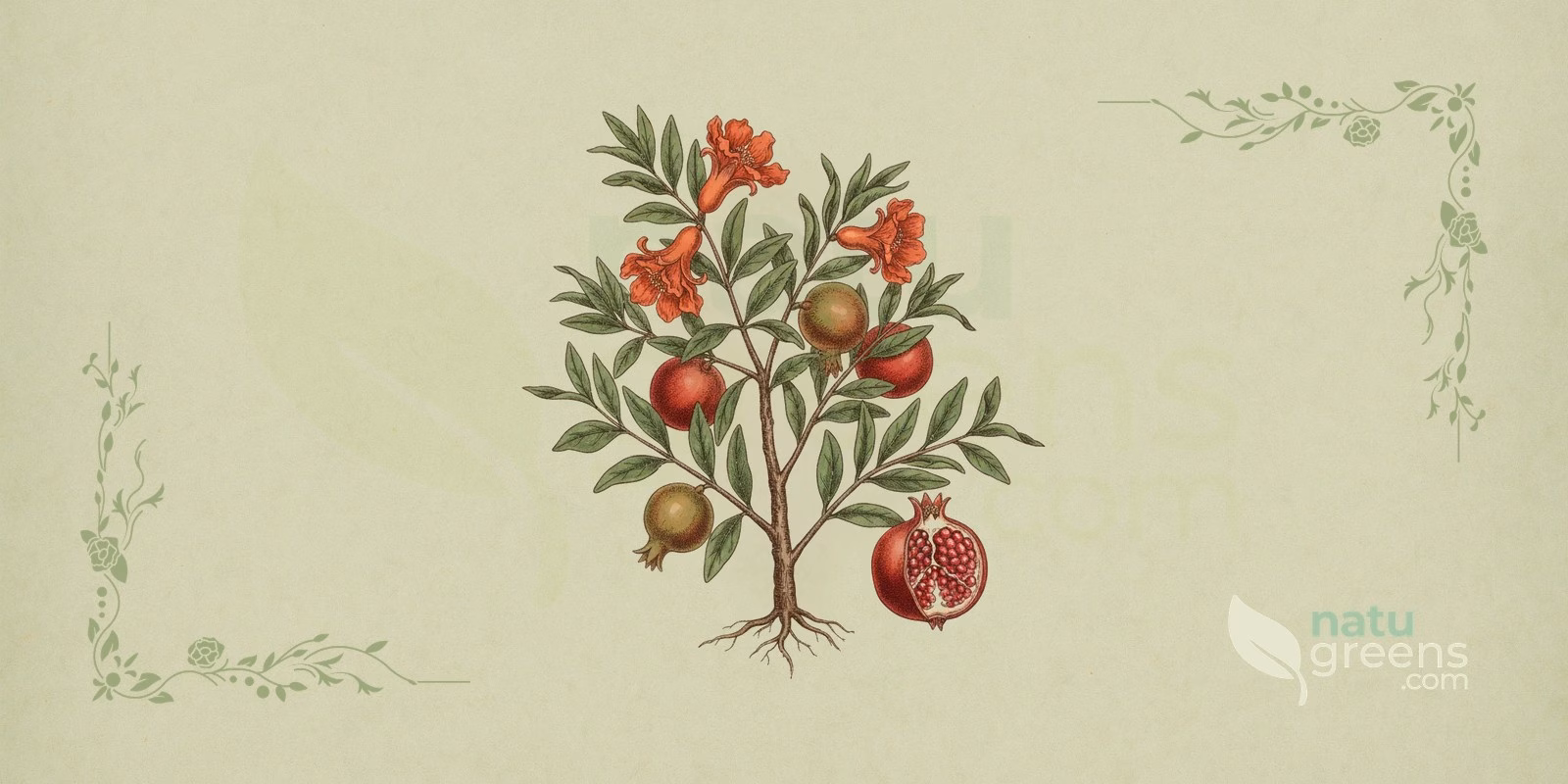 Pomegranate (Punica granatum): botanical illustration of the open fruit showing red seeds, the leathery rind, and the pomegranate tree's flowers.