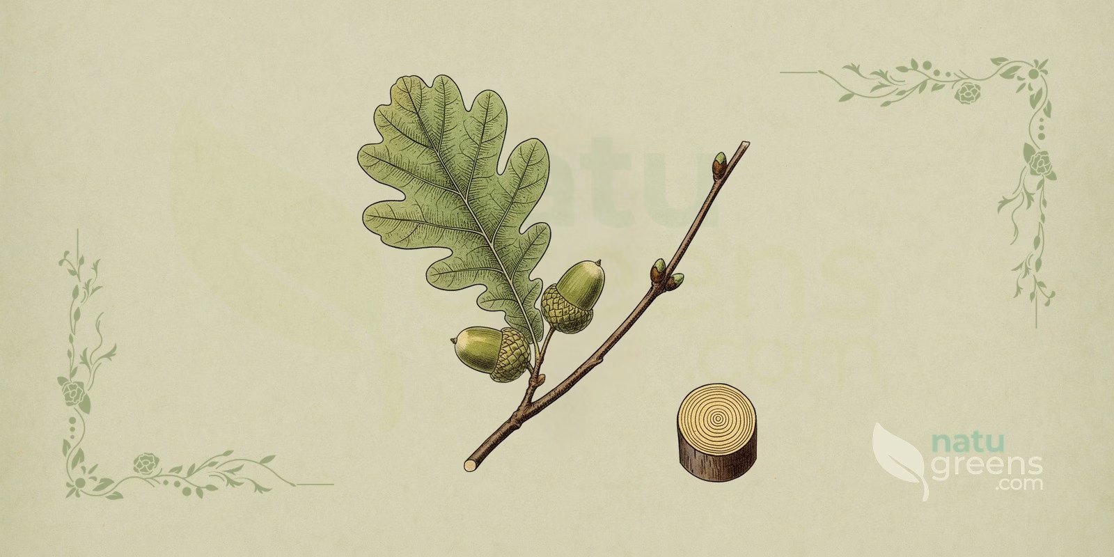 Stilkeg (Quercus robur) i botanisk illustration af en gren med lappede blade og agern, der ved basis er omsluttet af en træagtig skål, karakteristiske frugter for stilkeg og de øvrige egearter.
