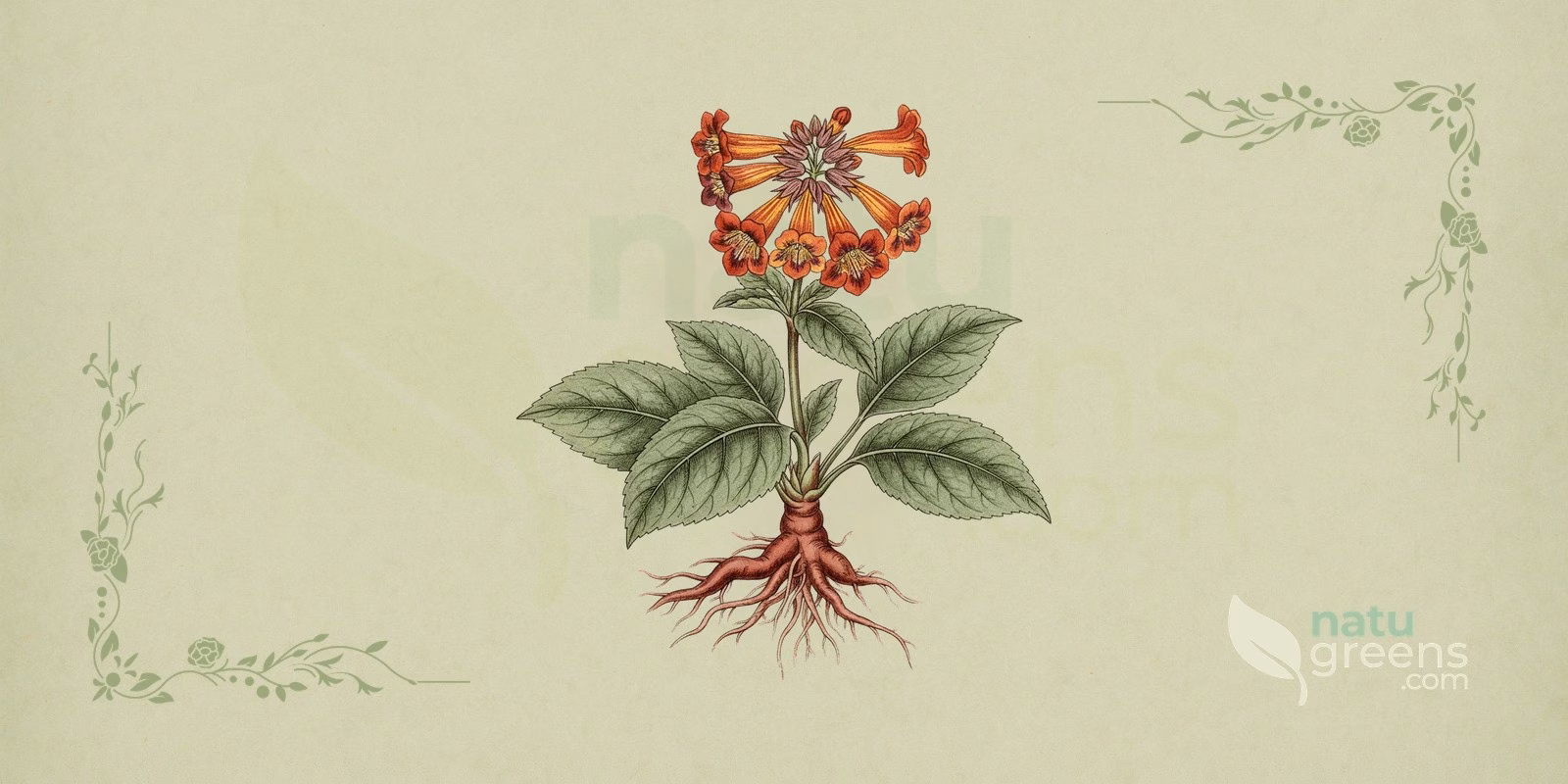 Rehmannia (Rehmannia glutinosa) i botanisk illustration med en roset af hårede blade med indskåret rand og rørformede lilla blomster, kendetegn, der hjælper med at genkende den rehmannia, der bruges i kinesisk medicin.