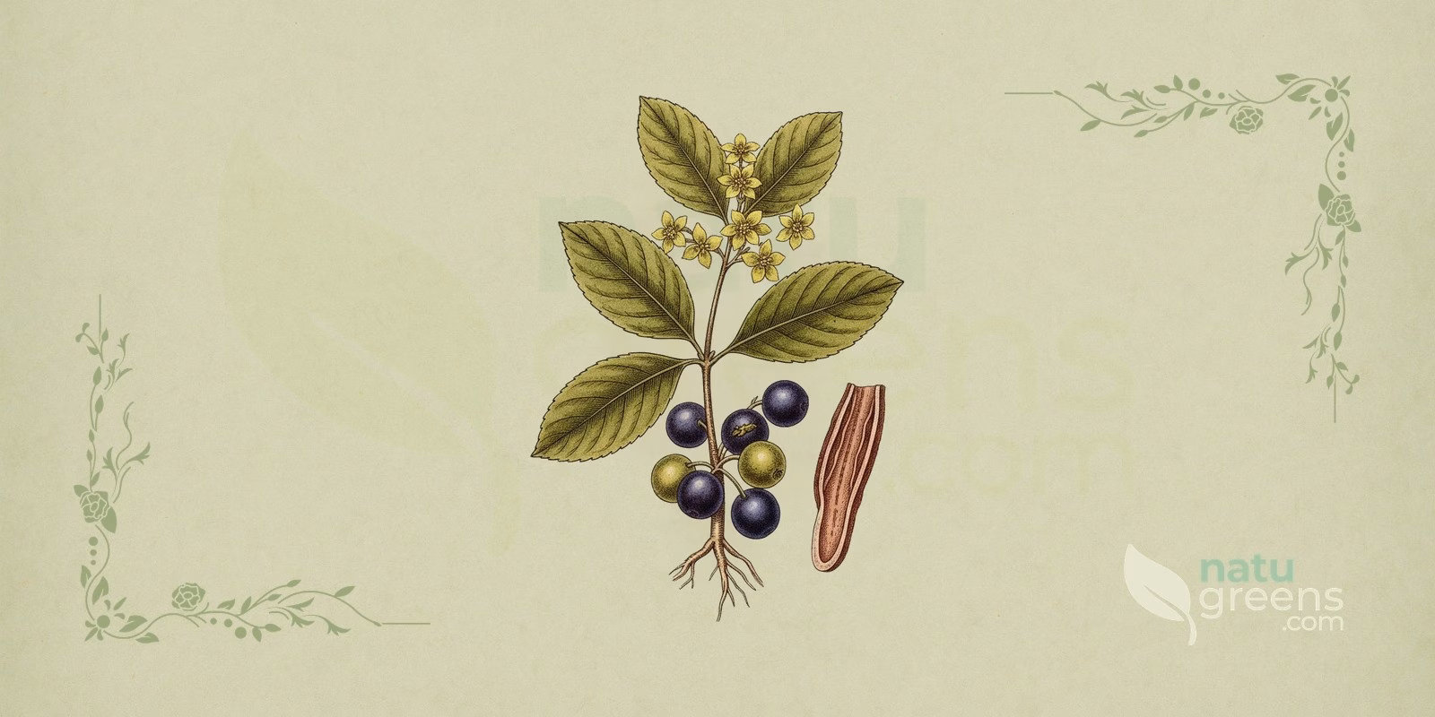 Cascara Sagrada (Rhamnus purshiana): botanical illustration of the shrub with elliptical leaves, inconspicuous greenish flowers, and characteristic grayish bark.