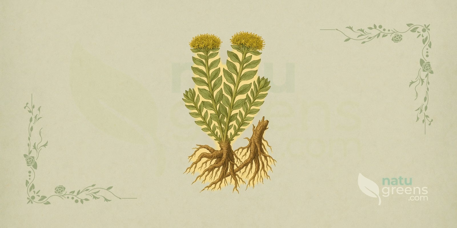 Roseroot (Rhodiola rosea): botanical illustration of the perennial succulent plant of the Crassulaceae family, showing fleshy leaves and roots with a sweet rose-like scent.