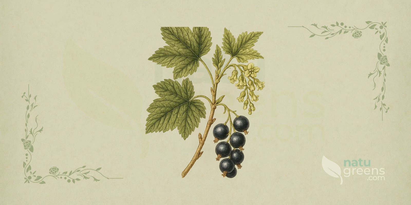Blackcurrant (Ribes nigrum): botanical illustration of blackcurrant showing a branch with lobed leaves, small flowers in drooping clusters, and round, nearly black berries.