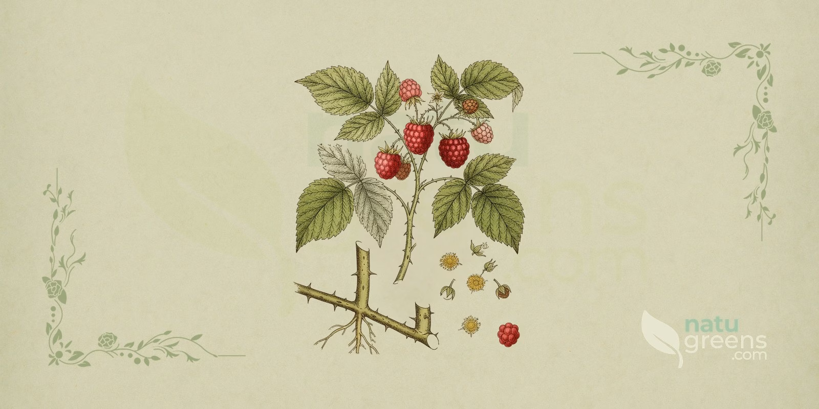 Malina właściwa (Rubus idaeus) na ilustracji botanicznej, z gałązką o złożonych liściach z piłkowanym brzegiem i czerwonymi owocami zbiorowymi typowymi dla maliny.