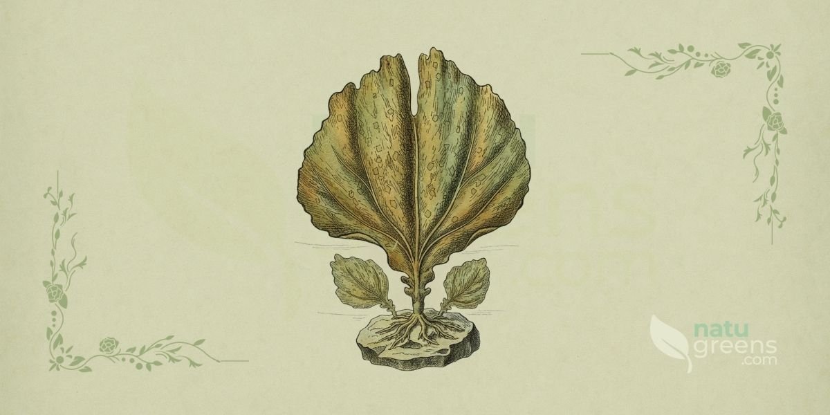 Ilustração botânica de Saccharina japonica (Areschoug) C.E.Lane, C.Mayes, Druehl & G.W.Saunders (kombu, sweet kelp, dasima), uma alga marrom marinha da família Laminariaceae, mostrando suas longas e largas lâminas (folhas) de coloração marrom-esverdeada, com superfície lisa e bordas onduladas, fixadas a um substrato rochoso por um rizoide. A imagem retrata a alga em seu ambiente natural subaquático, com detalhes de sua estrutura taloide, em estilo de enciclopédia botânica do século XIX sobre fundo de papel de herbário. Esta alga é amplamente cultivada na Ásia Oriental e valorizada por suas propriedades nutricionais e medicinais.