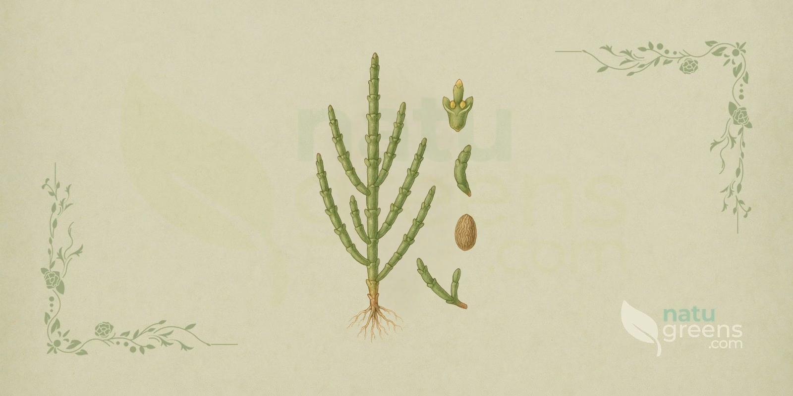 Glasswort (Salicornia europaea) in a 19th-century encyclopedic botanical illustration: whole glasswort plant with green, jointed succulent stems, scale-like leaves and a sage-green herbarium paper background.