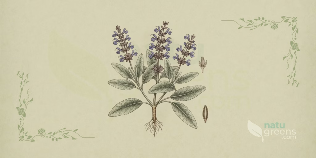 Salvia comune (Salvia officinalis), suffrutice perenne dal fogliame grigiastro e dall'aroma canforato, spontanea sui versanti calcarei e pietrosi dell'Europa meridionale.