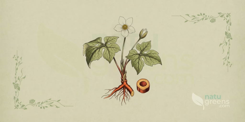 Sanguinaria del Canada, papaveracea dal rizoma che, spezzato, lascia colare un lattice denso di un rosso arancio molto marcato.