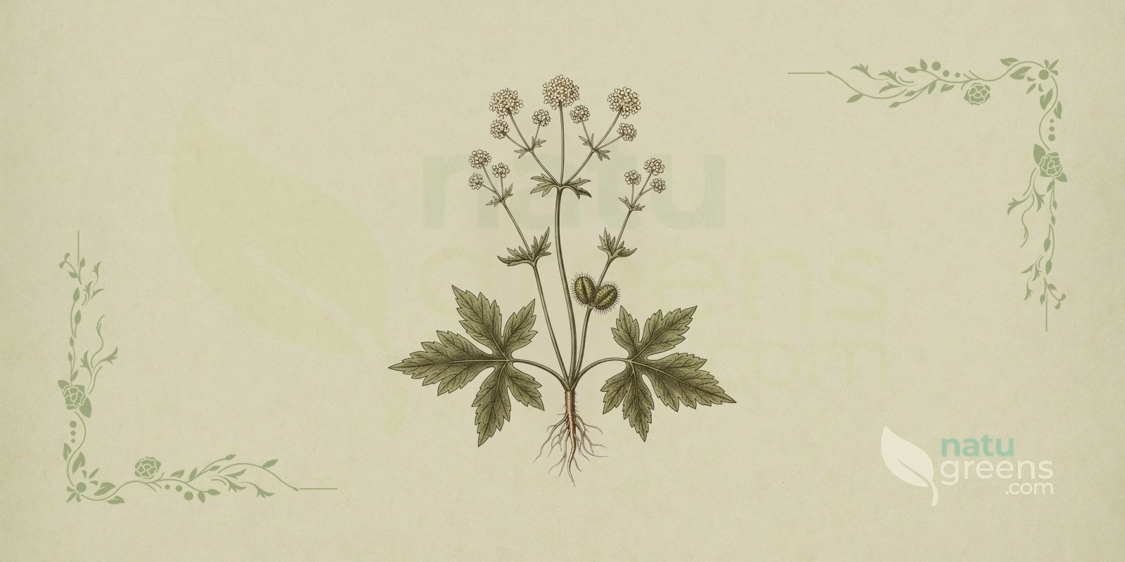Sanicle (Sanicula europaea) in a botanical illustration, with glossy dark green lobed basal leaves, upright stems and small rounded umbels of pale flowers, features that help identify sanicle.