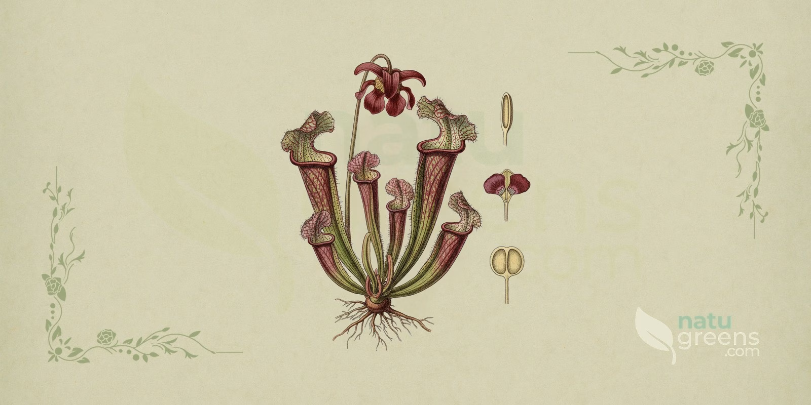 Snabelkande (Sarracenia purpurea) i botanisk illustration med rørformede, kandeformede blade, der har violette årer og står åbne opad, som det er typisk for denne kødædende plante.