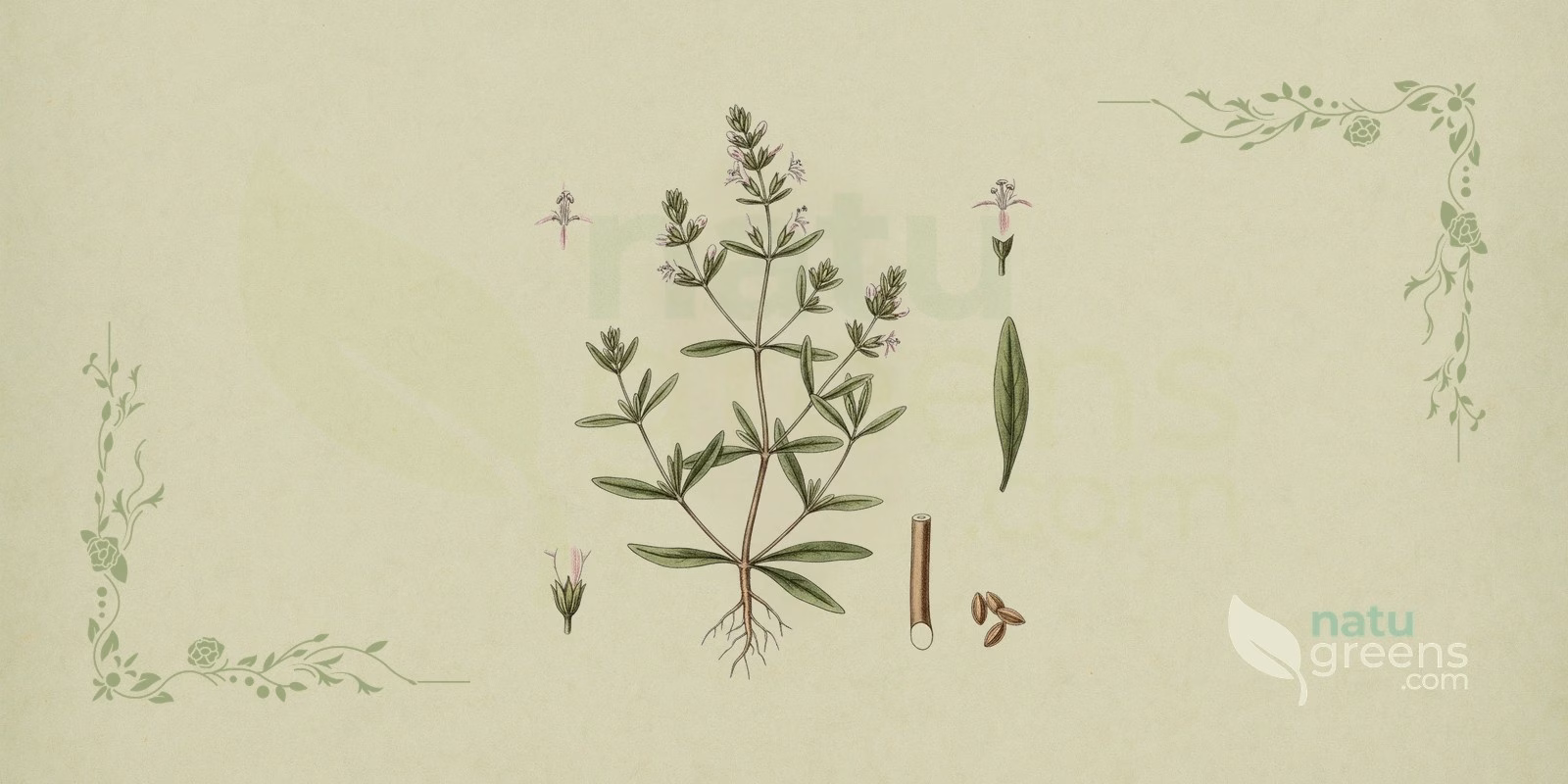 Summer Savory (Satureja hortensis): botanical illustration of the narrow leaves and small whitish-purple flowers of this aromatic Lamiaceae herb.