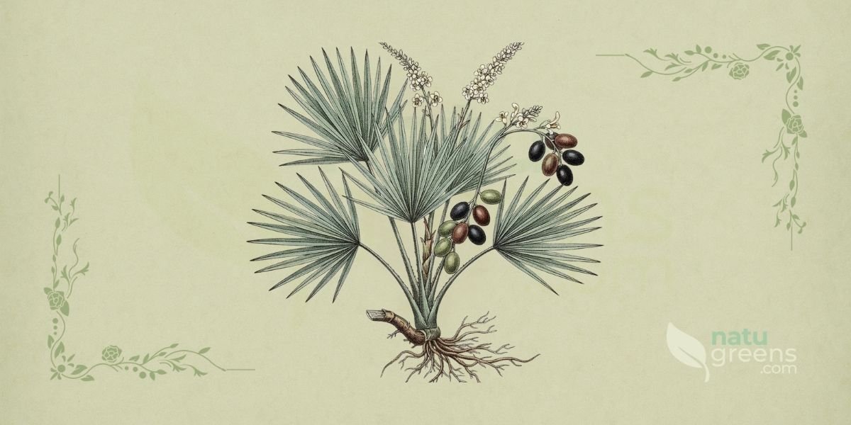 Ilustração botânica de Serenoa repens (W. Bartram) Small (saw palmetto, serenoa), pequena palmeira da família Arecaceae descrita por William Bartram e validada por John Kunkel Small, nativa do sudeste dos Estados Unidos, mostrando a planta completa com folhas em forma de leque, serrilhadas nas margens, e cachos de frutos ovais de cor escura, em estilo de enciclopédia botânica do século XIX sobre fundo de papel de herbário.