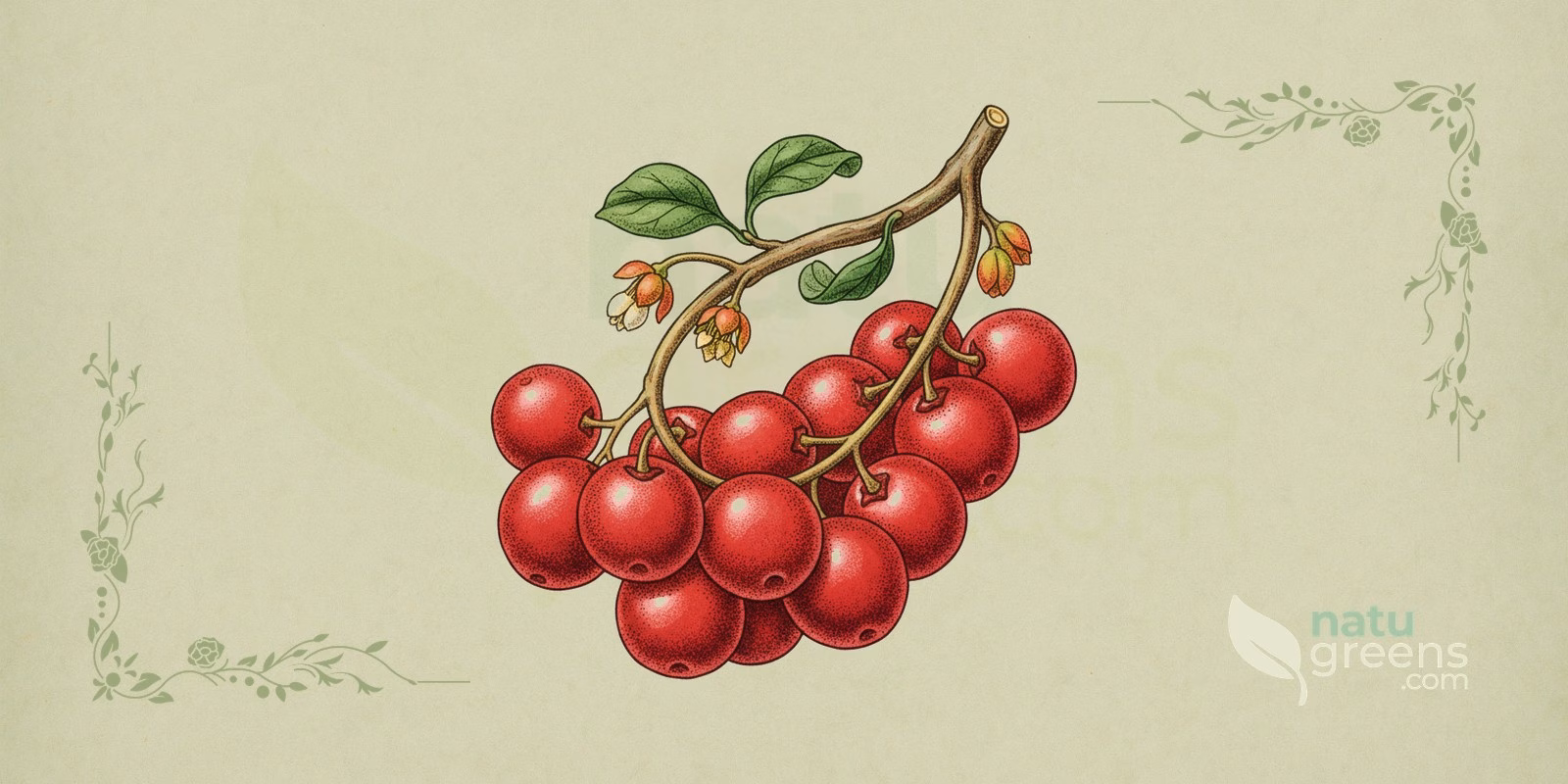 Schisandra (Schisandra chinensis): botanical illustration of the woody vine with oval leaves and clusters of bright red schisandra berries.