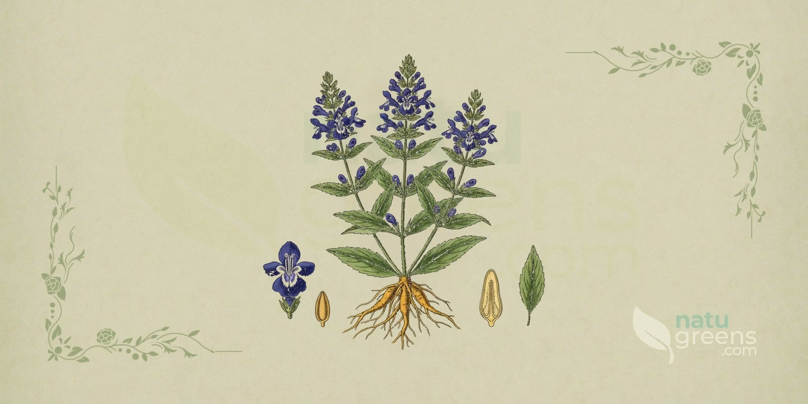 Huang Qin (Scutellaria baicalensis): illustrazione botanica della radice secca gialla e dei fiori blu-violacei dell'huang qin, pianta della famiglia Lamiaceae.