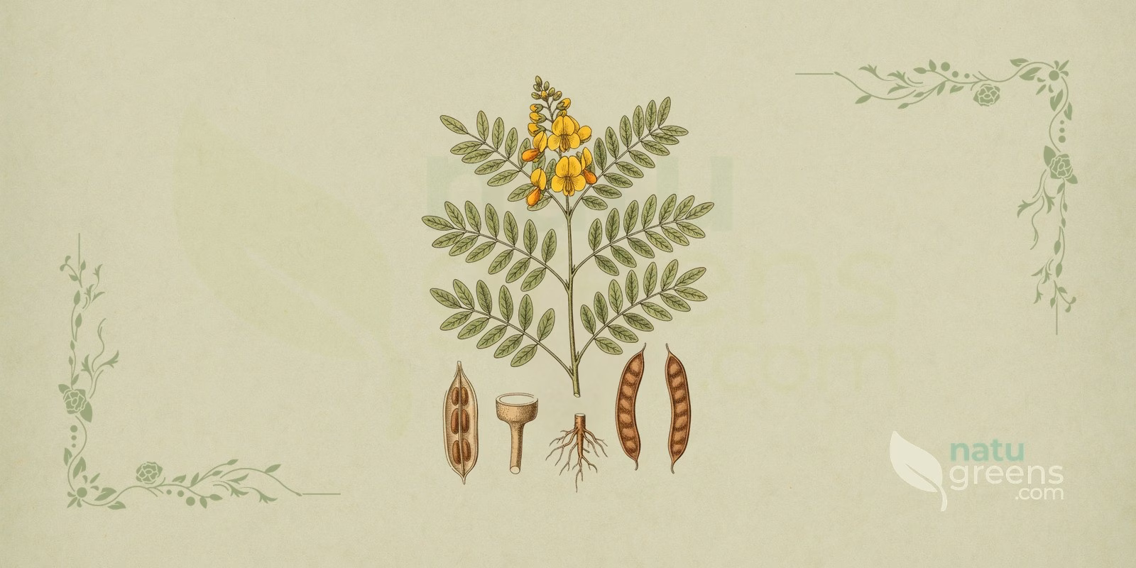 Senna (Senna alexandrina): botanical illustration of a shrub with light green pinnate leaves, yellow flowers in racemes, and flattened pods, representing senna.