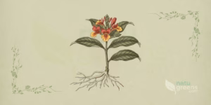 Gengibre Africano (Siphonochilus aethiopicus): ilustração botânica das folhas lanceoladas verde-claras, flores em funil e rizoma aromático da espécie de gengibre africano.