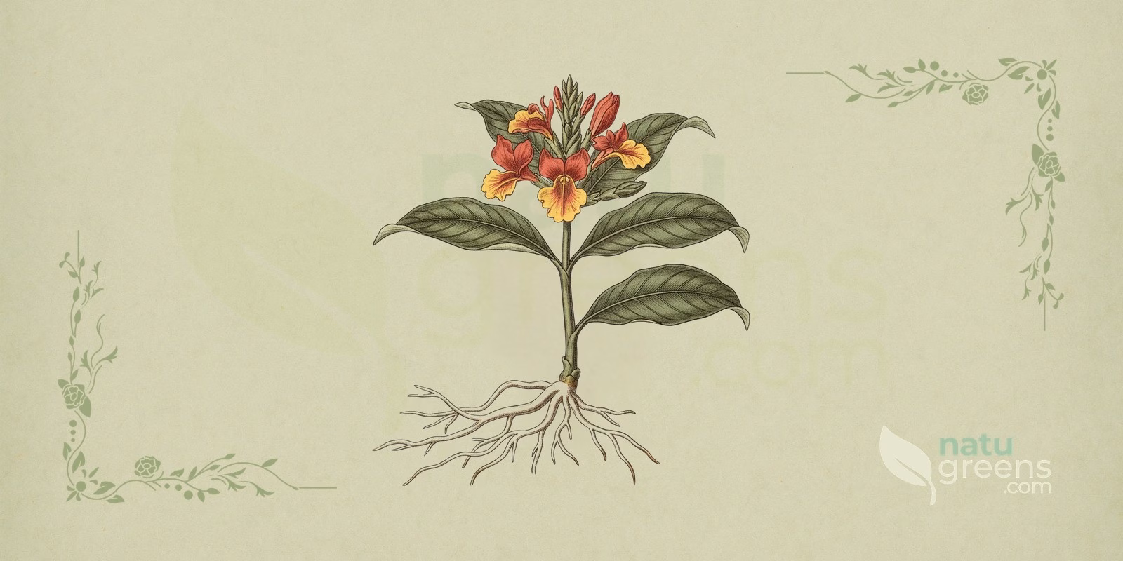 Siphonochilus aethiopicus: ilustracja botaniczna jasnozielonych, lancetowatych liści, lejkowatych kwiatów i aromatycznego kłącza tego gatunku z rodziny imbirowatych.