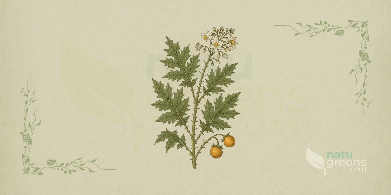 Solanum paniculatum（ジュルベバ）：トゲのある低木と、切れ込みのある葉、熟した黄色みを帯びた果実の房を描いた植物画。