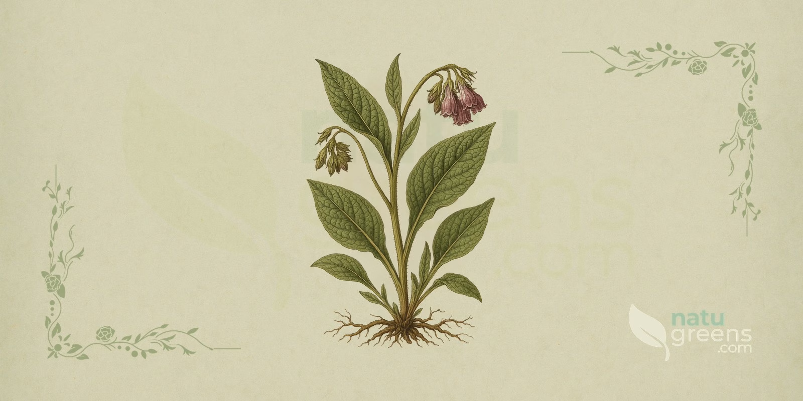 Comfrey (Symphytum officinale) with large hairy leaves and purple and white tubular flowers in a cluster, botanical illustration of comfrey.