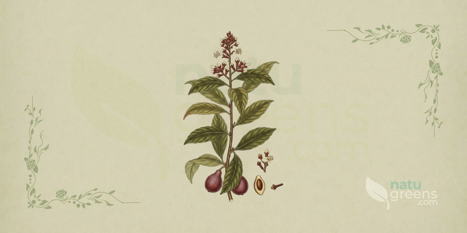 Clove (Syzygium aromaticum): botanical illustration of a branch with glossy oval leaves, clusters of flower buds with reddish calyces and open clove flowers, a tree of the Myrtaceae family.
