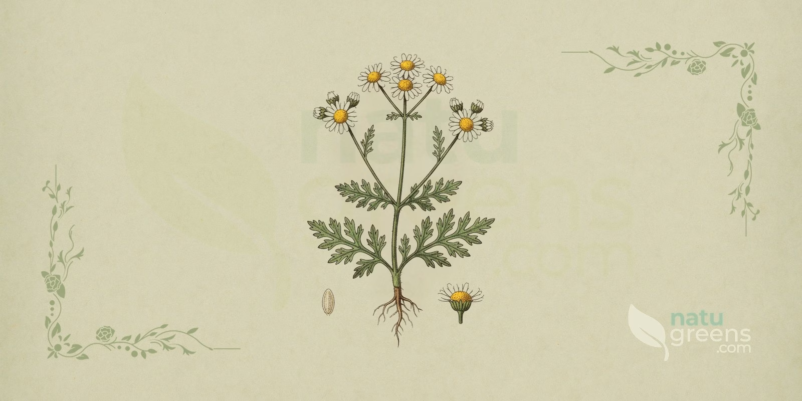 Feverfew (Tanacetum parthenium): botanical illustration showing deeply cut leaves and white feverfew flowers gathered in flower heads.