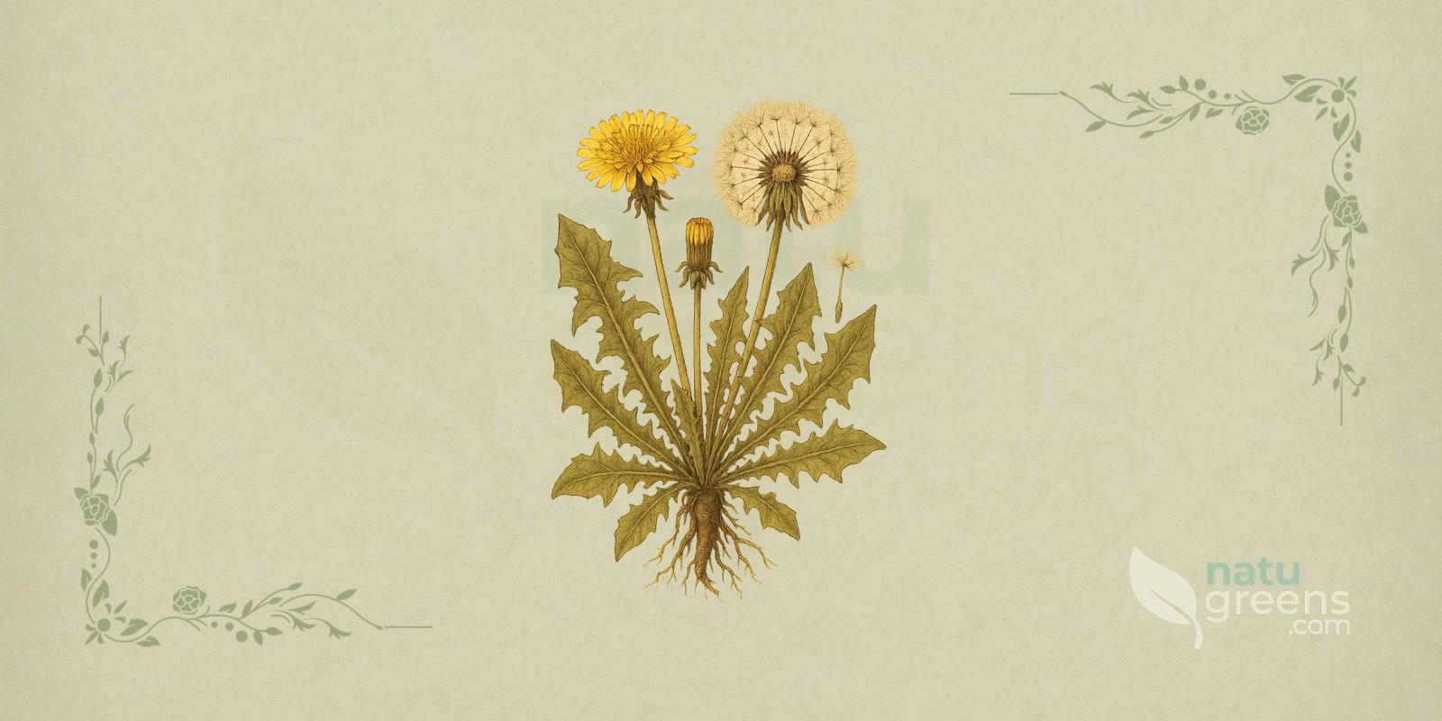 Dandelion (Taraxacum officinale): botanical illustration of dandelion showing a yellow flower, jagged basal leaves, and a taproot, a plant of the Asteraceae family.