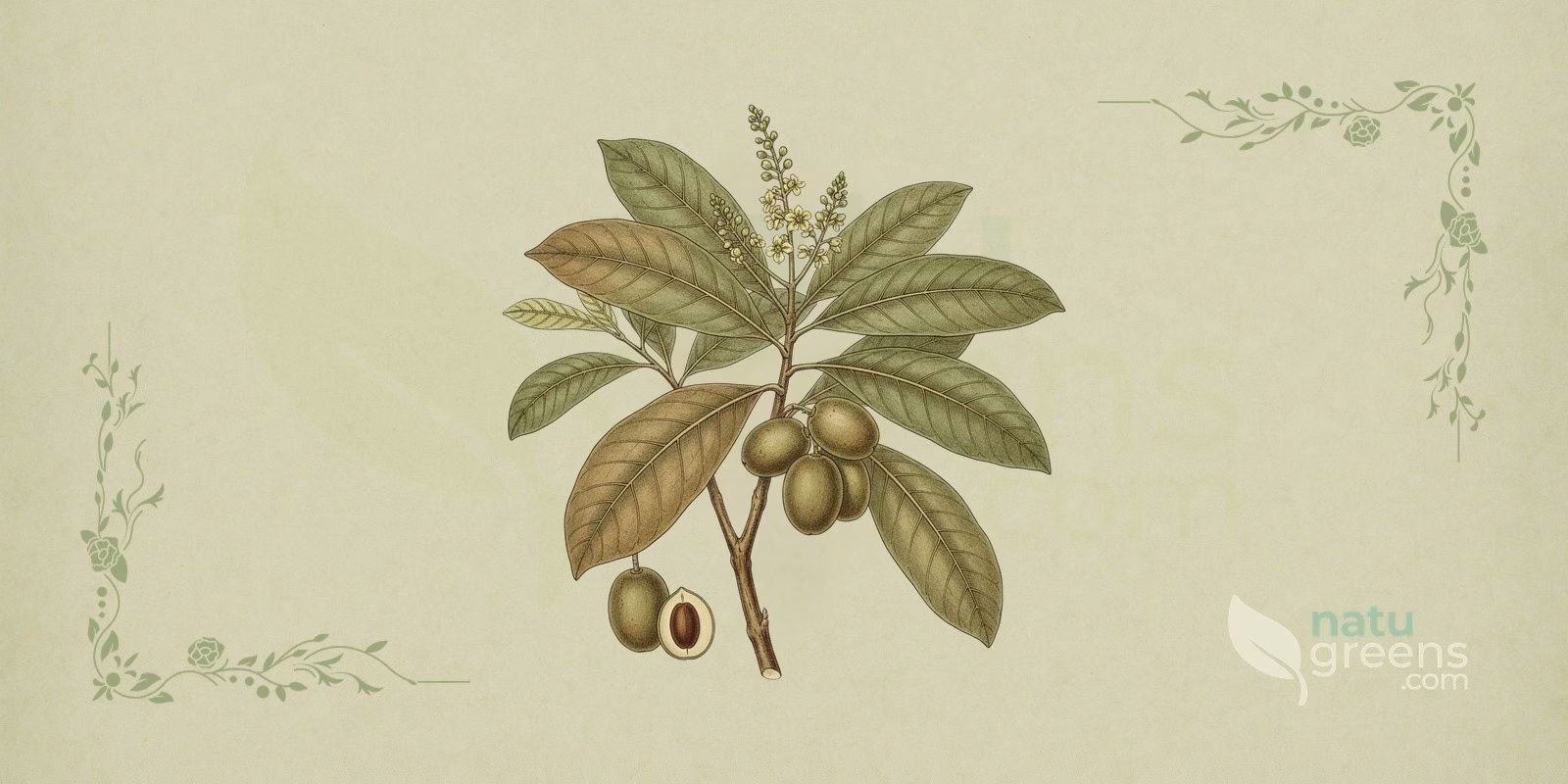Beleric (Terminalia bellirica): botanical illustration showing the tree, its oval fruit, and the leaves characteristic of this plant.
