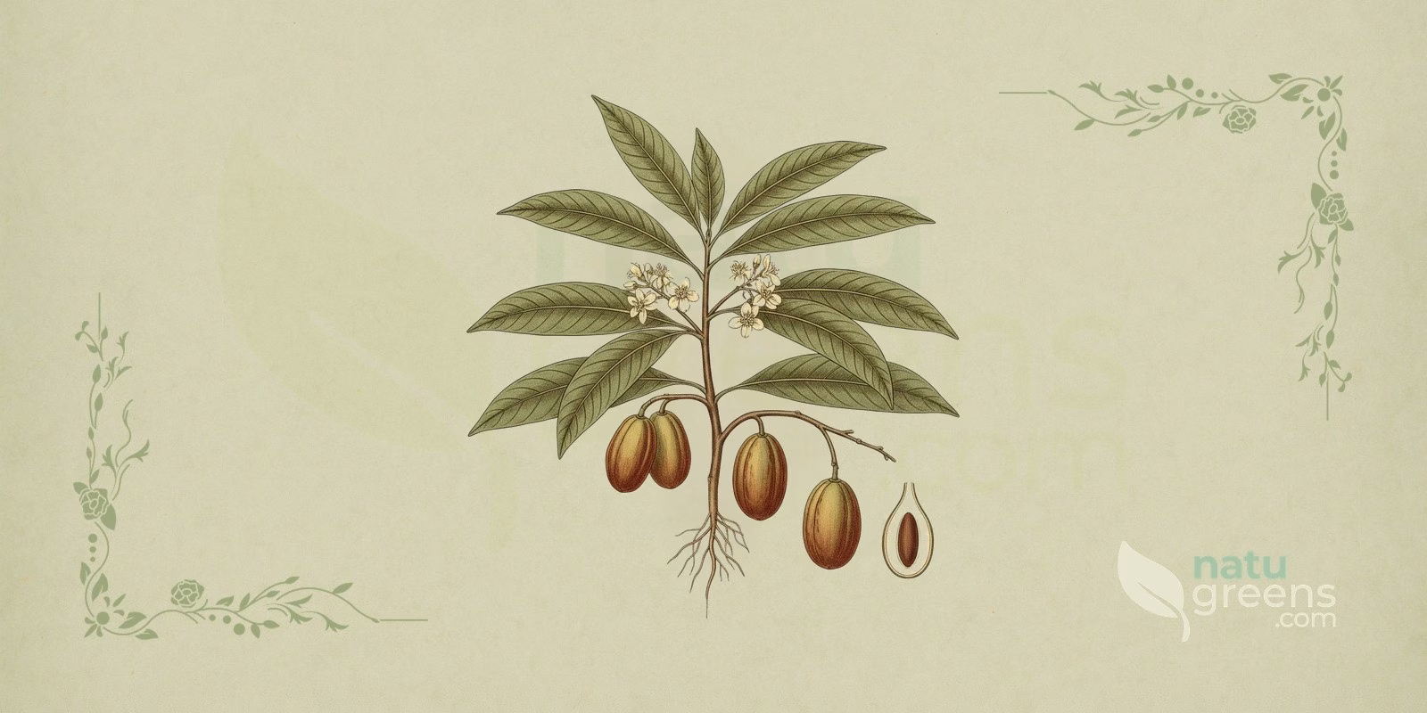 Haritaki (Terminalia chebula): oval fruits with wrinkled, yellowish-brown skin, branch with elongated leaves, botanical illustration.