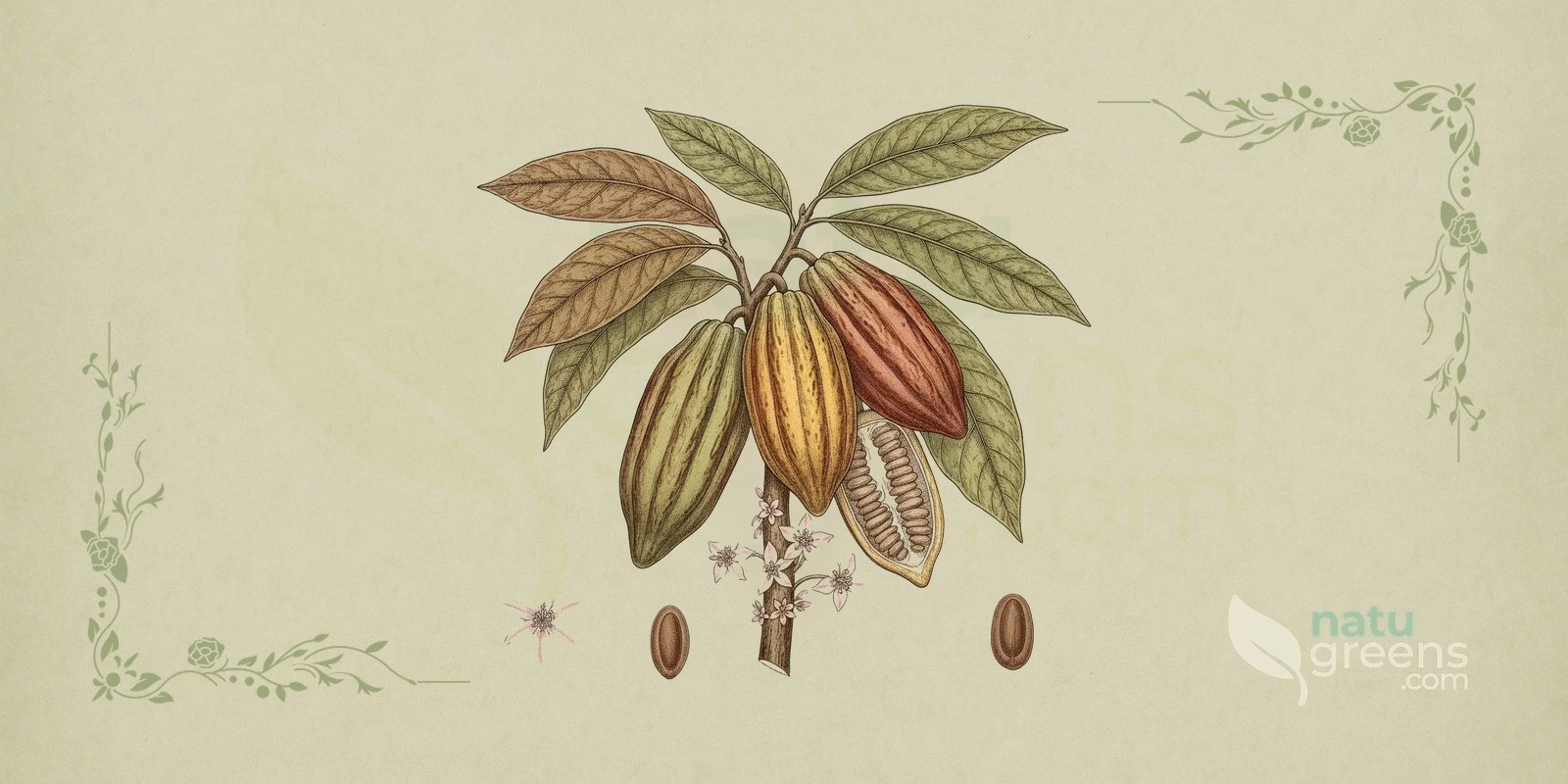 Cocoa (Theobroma cacao): botanical illustration of the cacao tree with trunk flowers, a pod-shaped fruit, and cacao seeds, a tropical plant in the Malvaceae family.