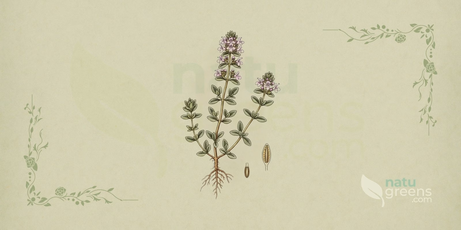 Thyme (Thymus vulgaris), a small aromatic subshrub with lilac flower spikes and woody stems, botanical illustration highlighting the compact growth habit and characteristic woody stems of thyme.
