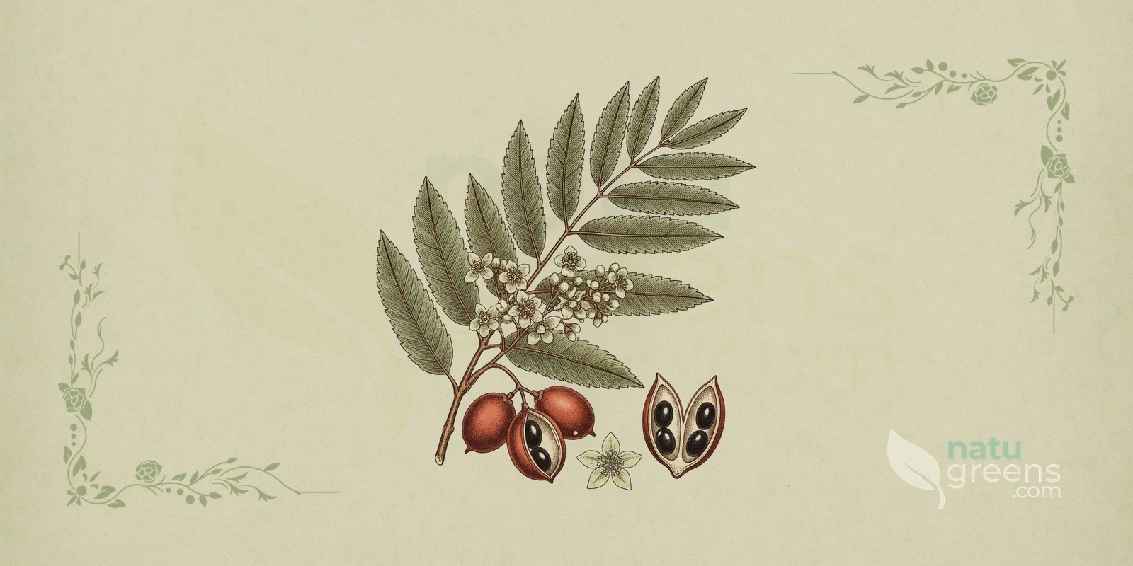 Catuaba (Trichilia catigua): botanical illustration of a branch with pinnately compound leaves and small whitish flowers of true catuaba, a South American tree in the Meliaceae family.