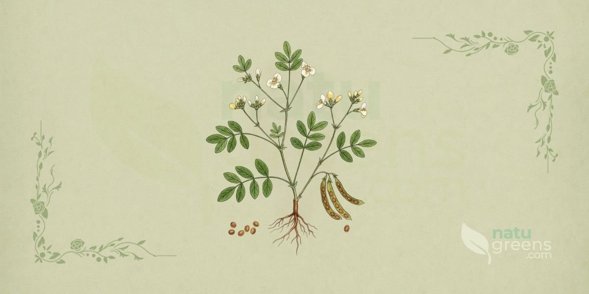 Botanical illustration of Trigonella foenum-graecum L. (fenugreek, bird's foot, Greek hayseed), an annual herbaceous plant of the Fabaceae family, showing a slender taproot with fine lateral roots, an erect or semi-erect branching stem with trifoliate leaves, each leaflet obovate to oblong, serrated at the apex, small yellowish-white flowers in axillary clusters, and long, slender, sickle-shaped pods containing small, rhomboidal, brownish-yellow seeds, in 19th-century botanical encyclopedia style on aged herbarium paper background with a subtle sage-green tone.