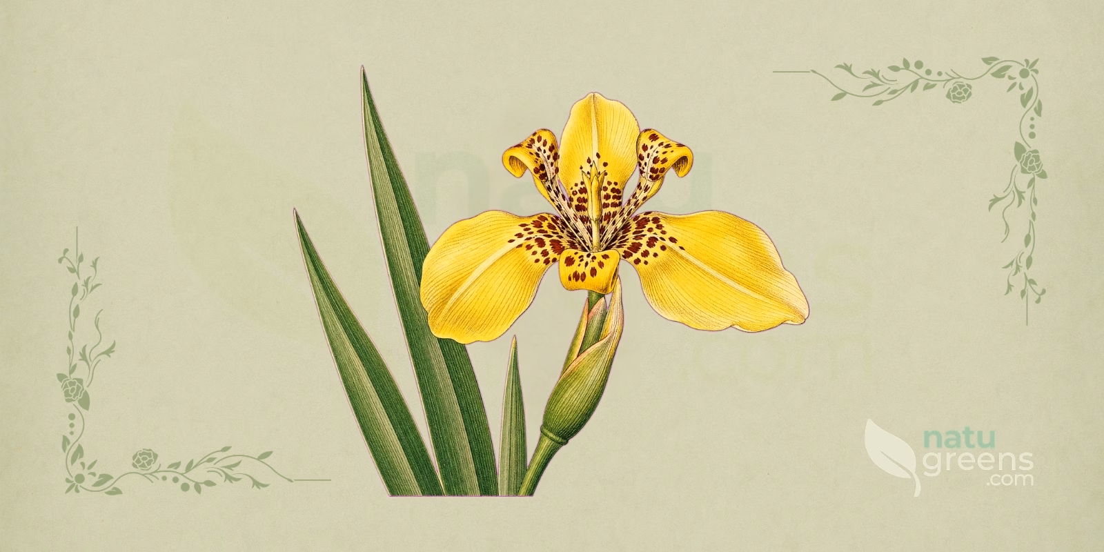 Ilustración botánica en detalle de la flor de Trimezia martinicensis (iris caminante), con tres tépalos externos amarillos y amplios, tépalos internos más pequeños, recurvados y moteados de pardo rojizo, un botón cerrado envuelto en brácteas y hojas en espada al fondo, en estilo de enciclopedia botánica del siglo XIX sobre papel de herbario.