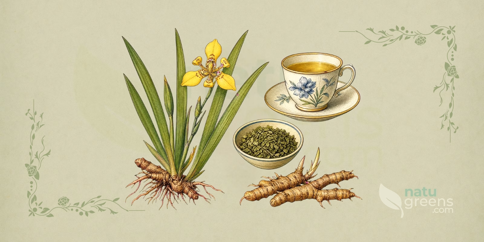 Illustration botanique des parties utilisées de Trimezia martinicensis (iris marcheur), avec la plante fleurie et ses bulbes et racines à gauche, un bol de feuilles séchées émincées au centre, des bulbes séchés au premier plan et une tasse de porcelaine remplie d'une infusion jaune doré, dans le style des encyclopédies botaniques du XIXe siècle sur papier d'herbier.