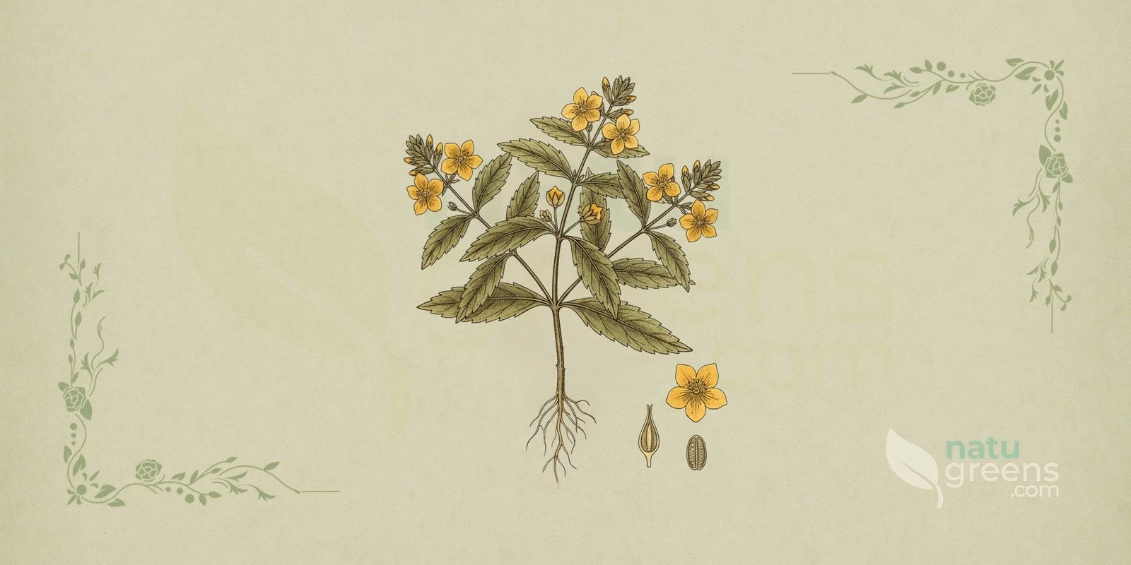Damiana (Turnera diffusa): botanical illustration of the shrub with small serrated leaves, yellow flowers, and globose fruits that identify this plant known as damiana.