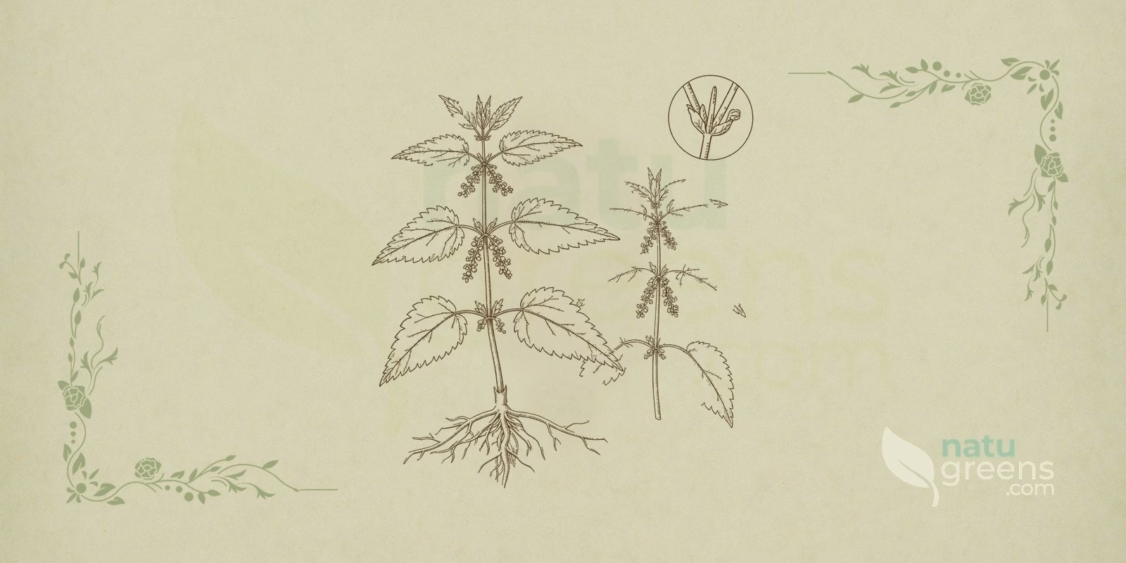 Stinging Nettle (Urtica dioica): botanical illustration with serrated green leaves covered in stinging hairs and an upright stem bearing small greenish flowers in drooping clusters.
