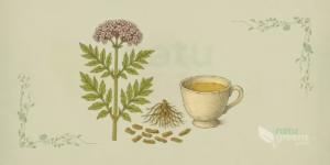 19th-century encyclopedia-style botanical illustration depicting a scene of Valeriana officinalis (valerian) herbal tea preparation, with a porcelain cup containing golden tea, dried valerian roots, honey in a small container, and a lemon slice, harmoniously arranged on an aged sage-green herbarium paper background.
