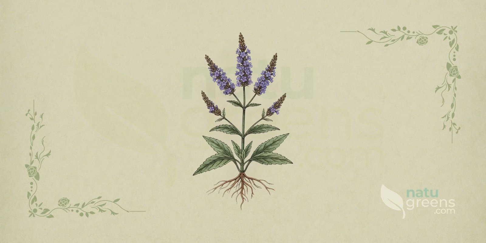 Verveine bleue (Verbena hastata) en illustration botanique, avec des tiges dressées, des feuilles opposées en forme de lance et de fins épis de fleurs violettes, traits qui distinguent la verveine bleue