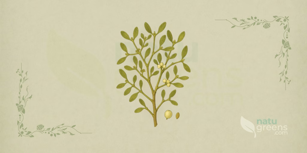 Vischio-bianco (Viscum album), suffrutice emiparassita fissato ai rami degli alberi, con frutti traslucidi che maturano nel pieno dell'inverno europeo.