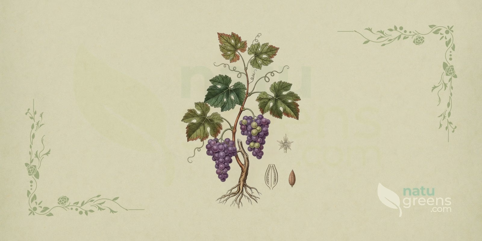 Grape (Vitis vinifera), botanical illustration of a woody climbing vine with palmate leaves, tendrils, and the characteristic cluster of grapes of the grapevine.