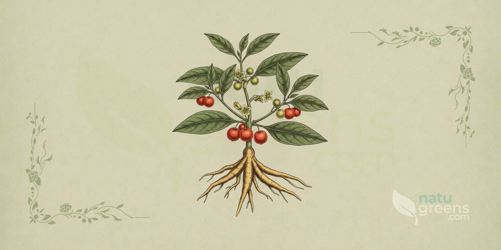 Ashwagandha (Withania somnifera): botanical illustration of a low shrub with oval leaves, small yellowish-green flowers, and round reddish fruits in the calyx, representing ashwagandha.