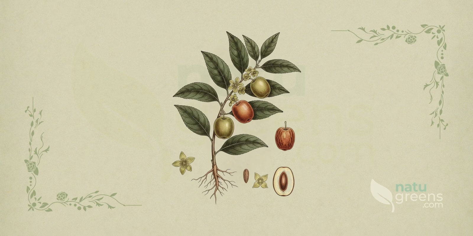 Jujube (Ziziphus jujuba): botanical illustration showing a branch with oval leaves, small flowers, and reddish fruit typical of jujube.