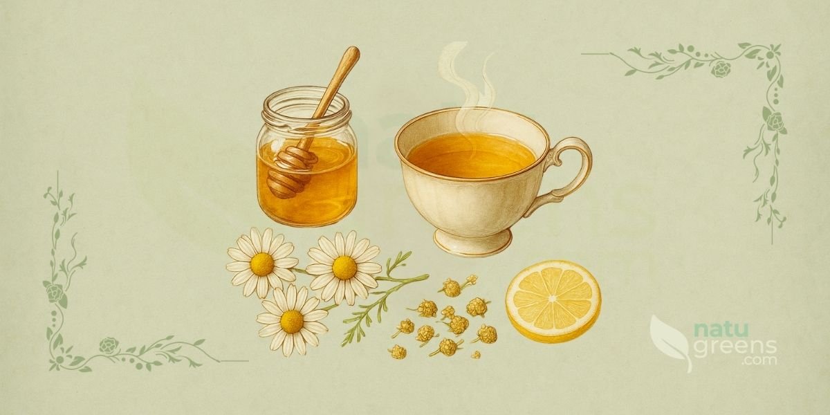 Ilustração botânica em estilo de enciclopédia do século XIX mostrando cena de preparação de infusão de Matricaria chamomilla (camomila), com xícara de porcelana contendo chá dourado, flores frescas e secas de camomila, mel em pequeno recipiente e rodela de limão, dispostos harmoniosamente sobre fundo de papel de herbário envelhecido.