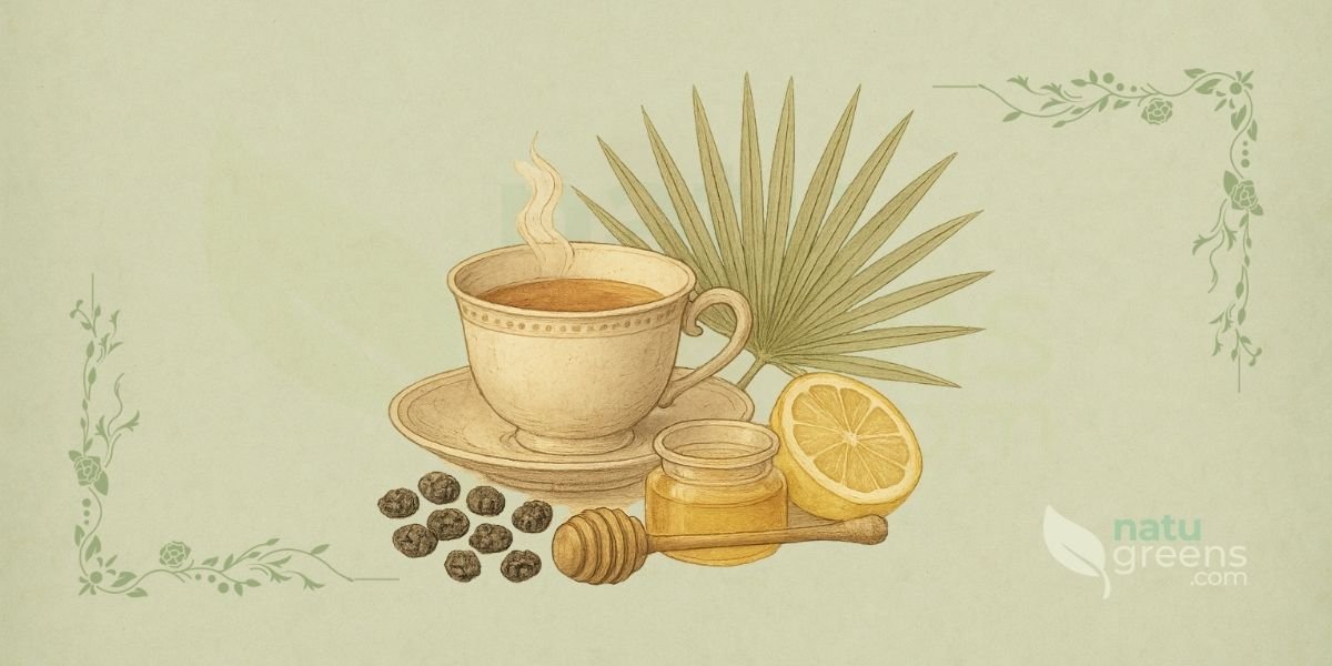 Ilustração botânica em estilo de enciclopédia do século XIX detalhando o chá preparado e os frutos de Serenoa repens (saw palmetto), mostrando bagas ovais e escuras, com textura lisa e brilhante, que são a parte medicinalmente mais importante da planta.
